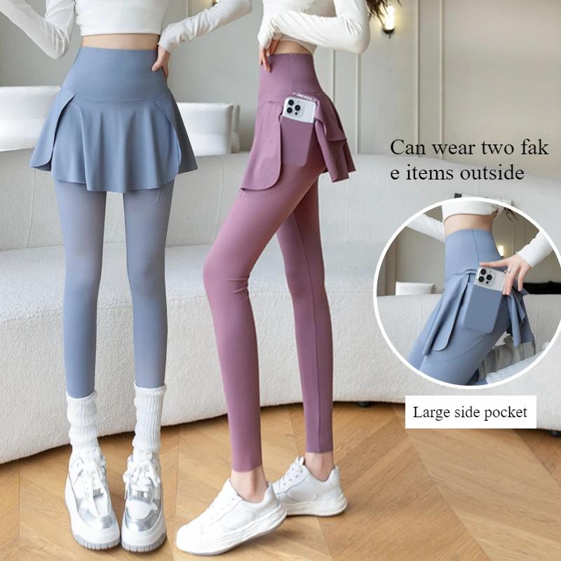 Faux Leggings deux pièces pour femmes, Leggings de Fitness sans couture, taille haute avec poche éla