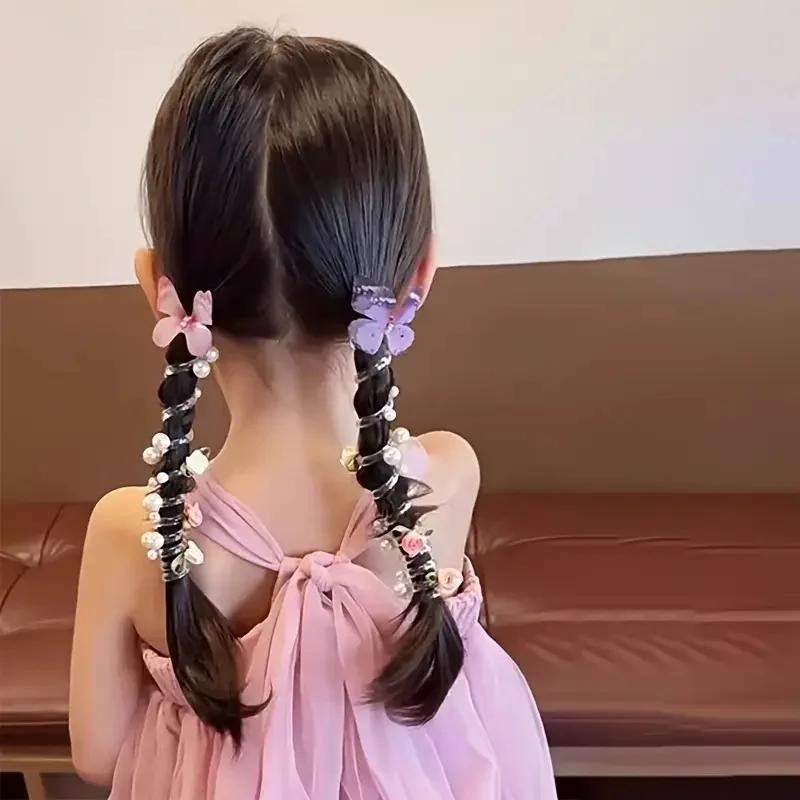 Bandeau papillon en maille pour filles, 2 pièces, mignon, rond, perle et Design Floral, parfait pour