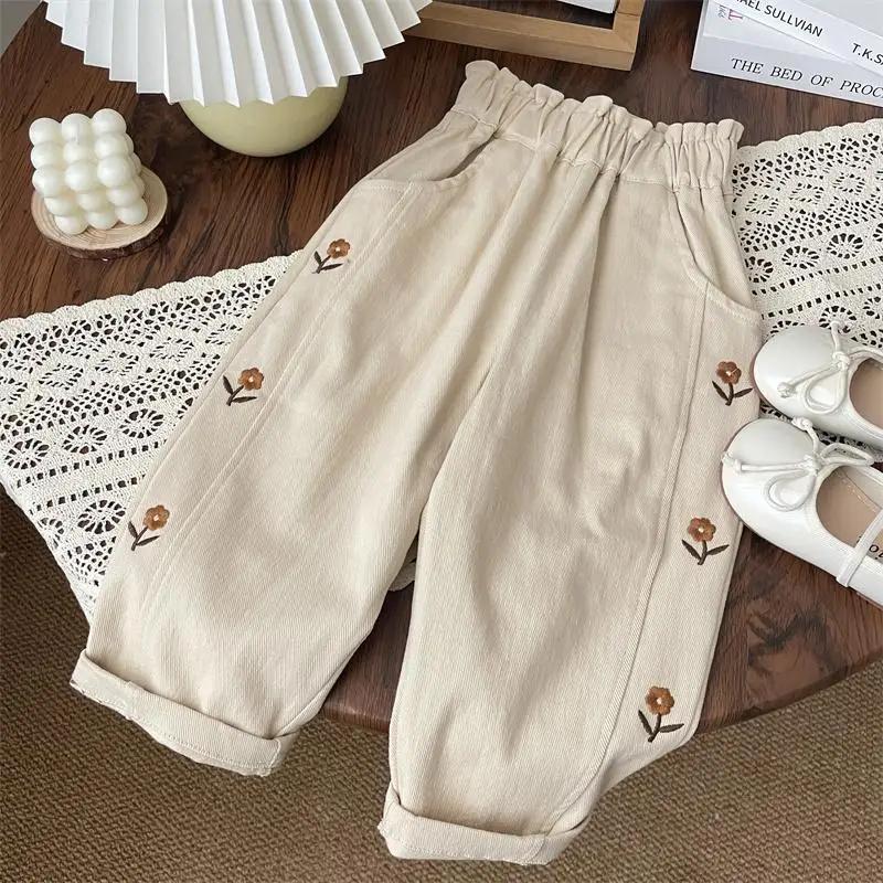 Pantalons décontractés pour enfants, 2-6T, en coton, avec broderie de fleurs, taille élastique, pour
