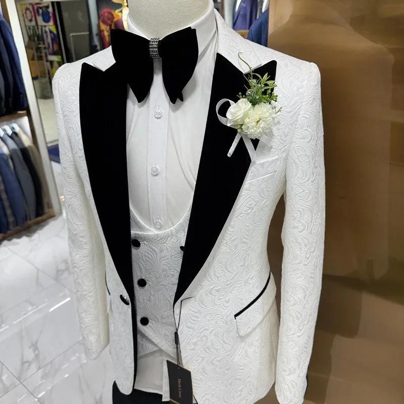 Costumes de mariage Thorndike pour hommes, jacquard blanc avec col en satin noir, smoking 3 pièces, 