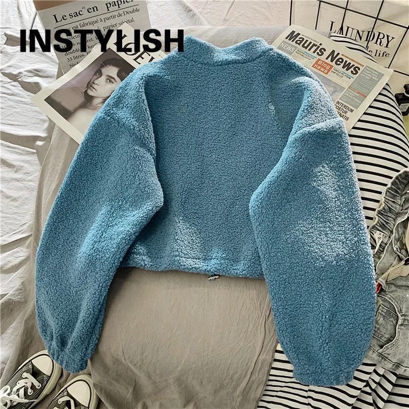 Sweat-shirt à capuche court en polaire pour femmes, col montant, lettres brodées, manches longues, c