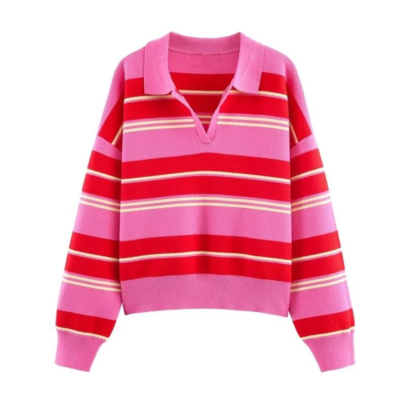 Pull en maille rayé rose et rouge - Haut ample à col rabattu et manches longues pour femme, tenue dé