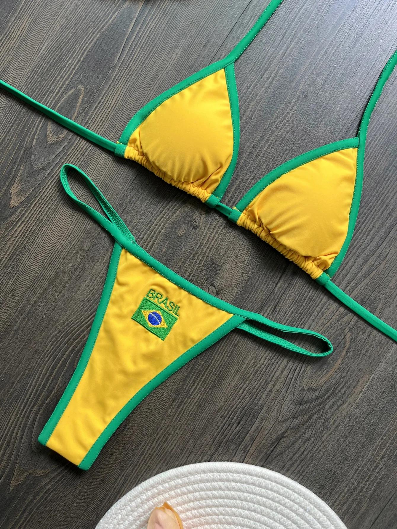 RUOTONSEPT Sexy broderie drapeau du brésil contraste fendu Bikini ensemble femmes maillots de bain P