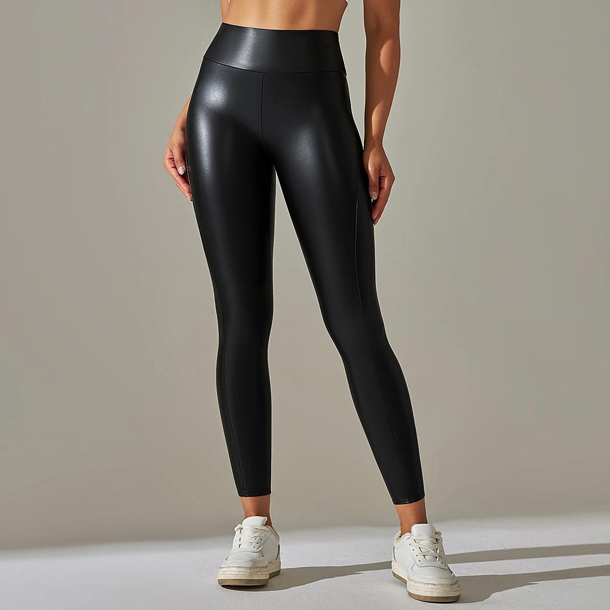 Pantalons de Yoga en cuir PU pour femmes, pantalons de sport noirs solides, hanches Push Up, Legging