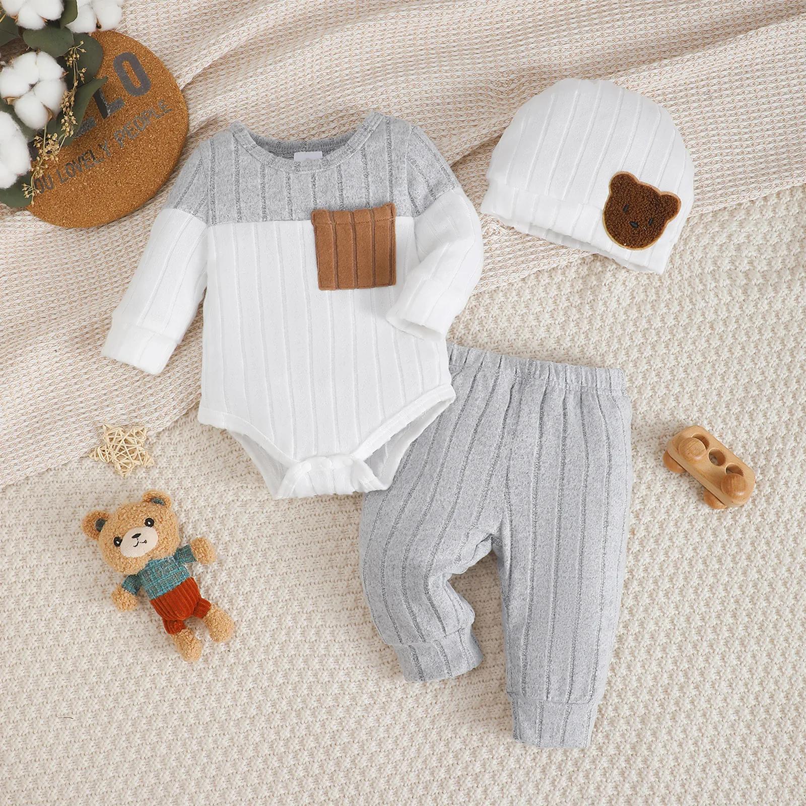 0-18 mois nouveau-né bébé garçon ensemble col rond couleur bloquée body + pantalon + chapeau confort