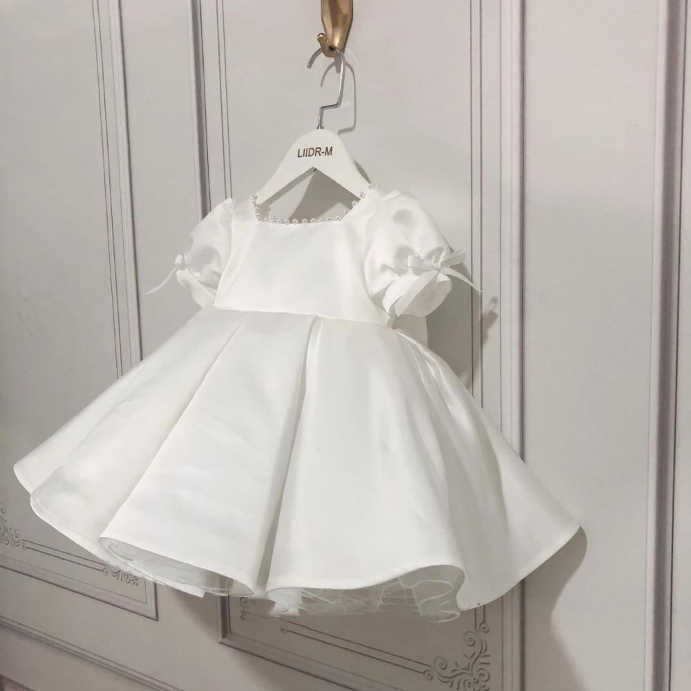 Robes pour enfants à manches bouffantes et perles roses, avec nœud, vêtements de spectacle de danse,