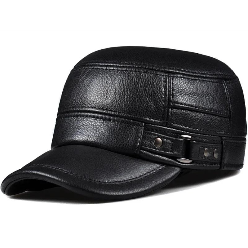 Casquette d'hiver en cuir véritable pour hommes, casquette plate, militaire, élégante, casquette de 