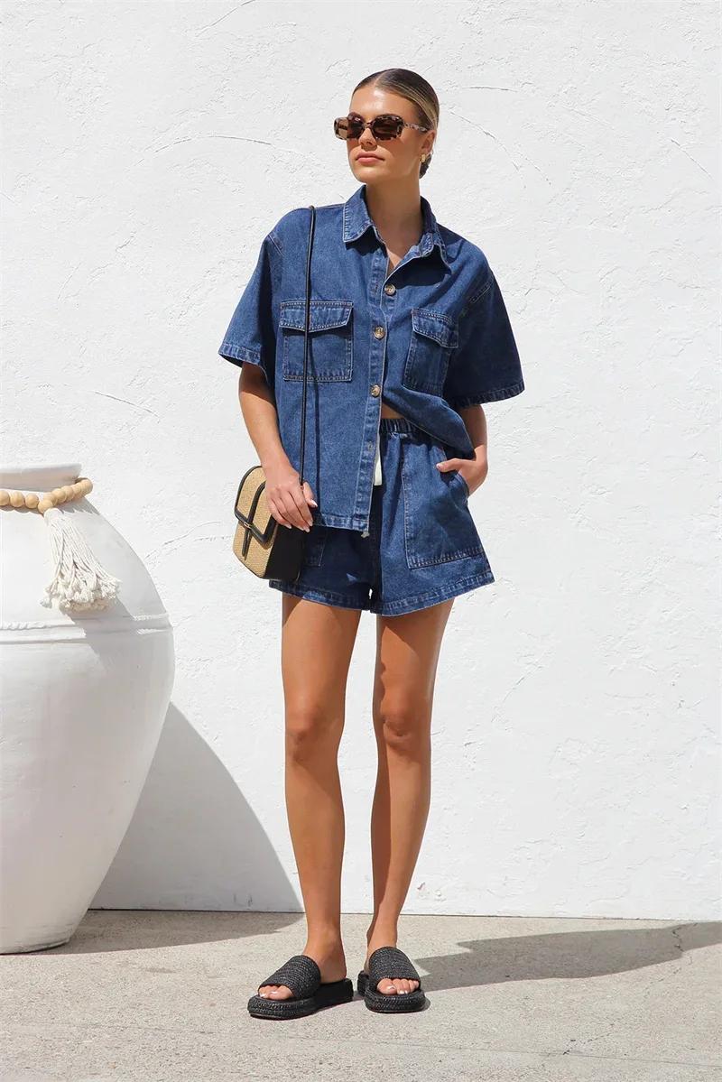 Costumes en denim vintage High Street pour femmes, manches courtes, chemise boutonnée confortable, e