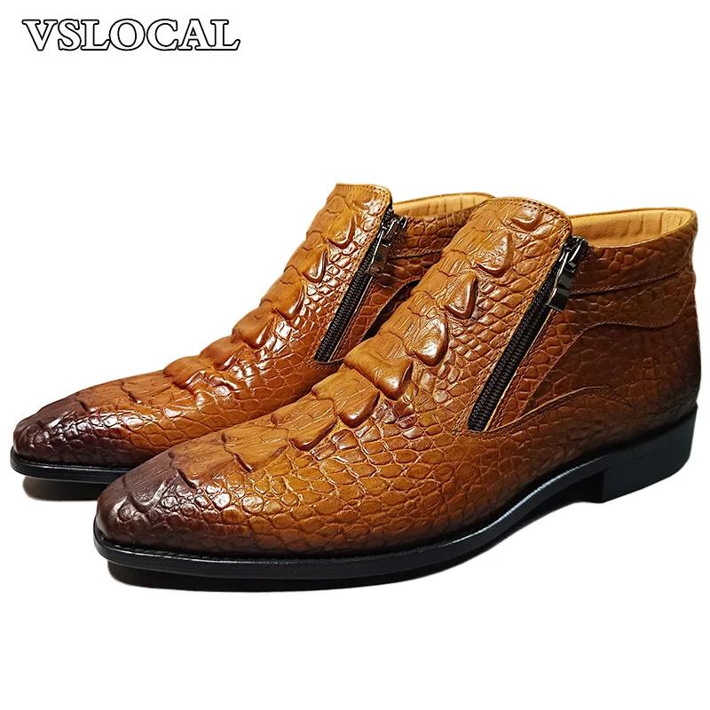 Marque de luxe hommes bottines chaussures noir marron Crocodile imprime fermeture éclair Chelsea bot