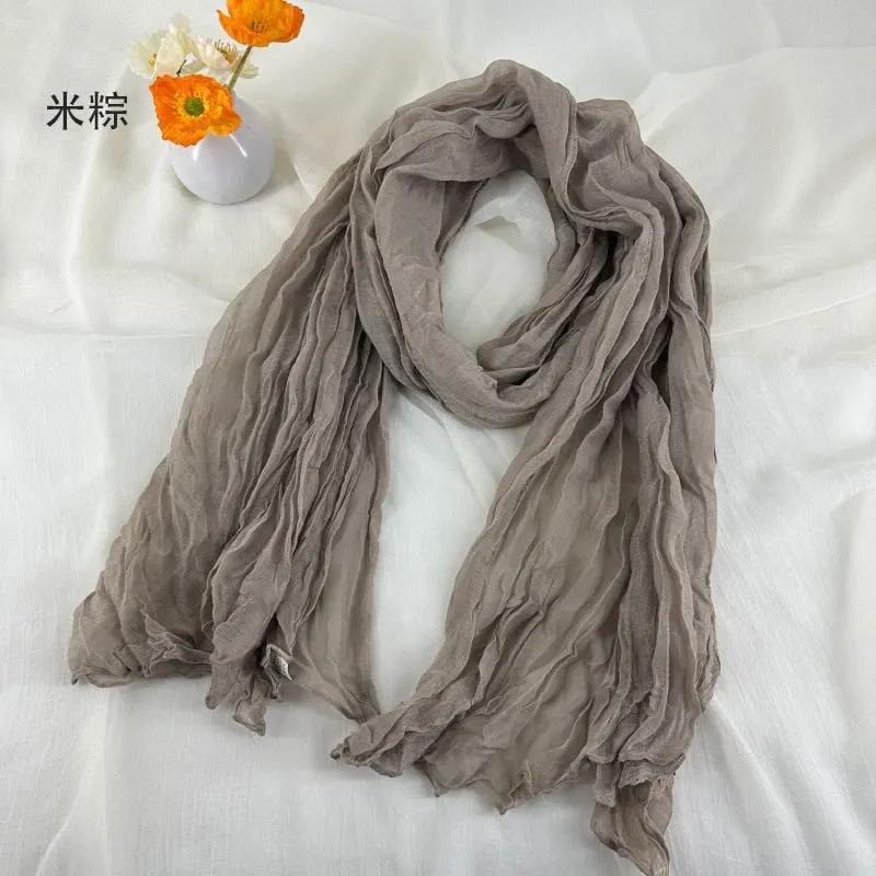 Foulards en coton et lin doux et respirant pour femmes, écharpe plissée de couleur unie, Style bohèm
