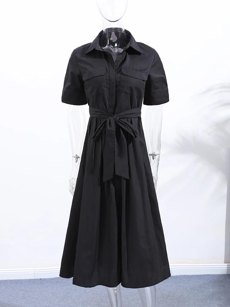 Nouvelle Robe Longue Plissée Noire Élégante pour Femme avec Ceinture, Manches Longues et Col Revers,