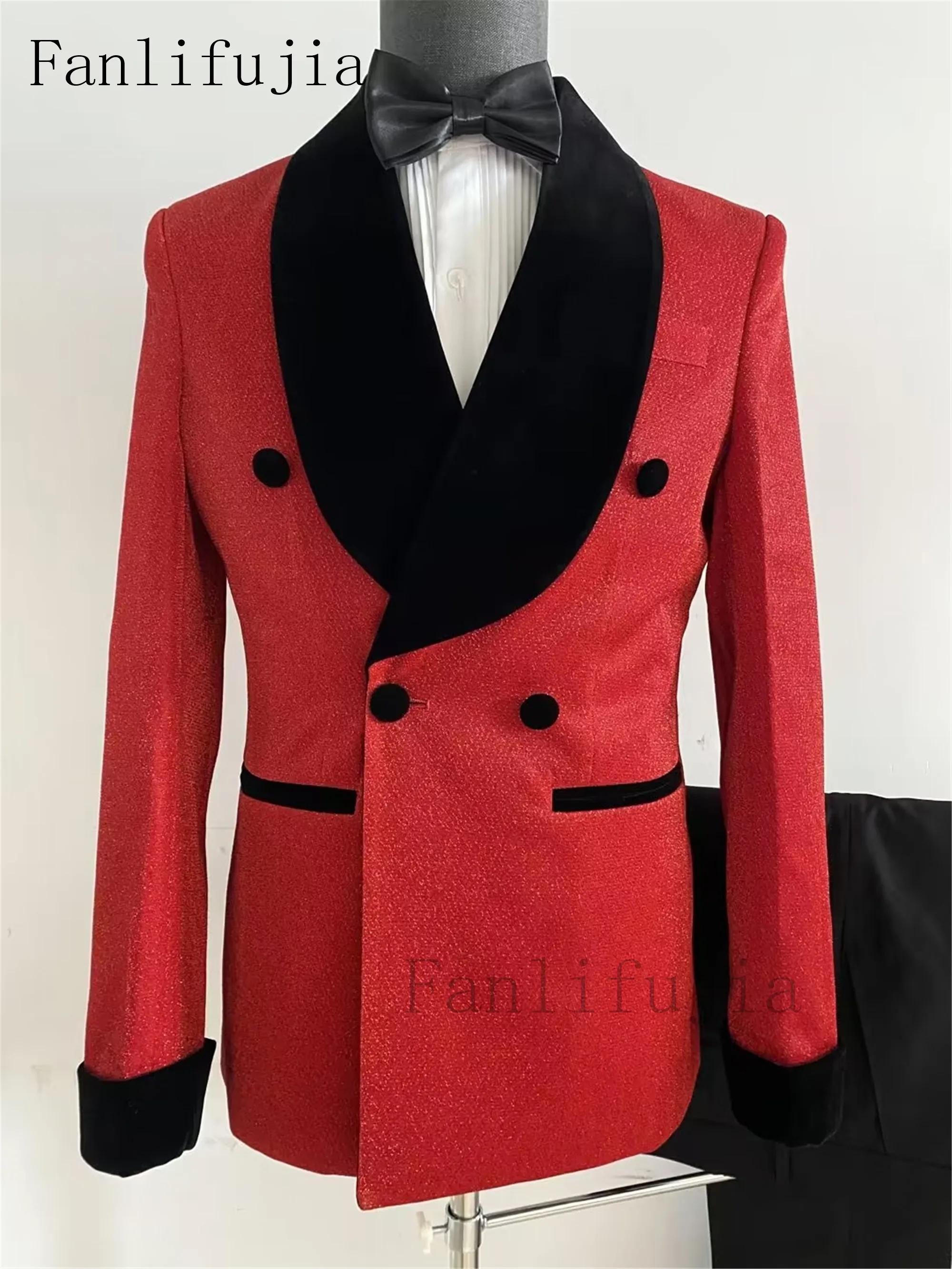 Fanlifujia luxe rouge paillettes costumes hommes marié mariage smoking Double boutonnage Blazer form