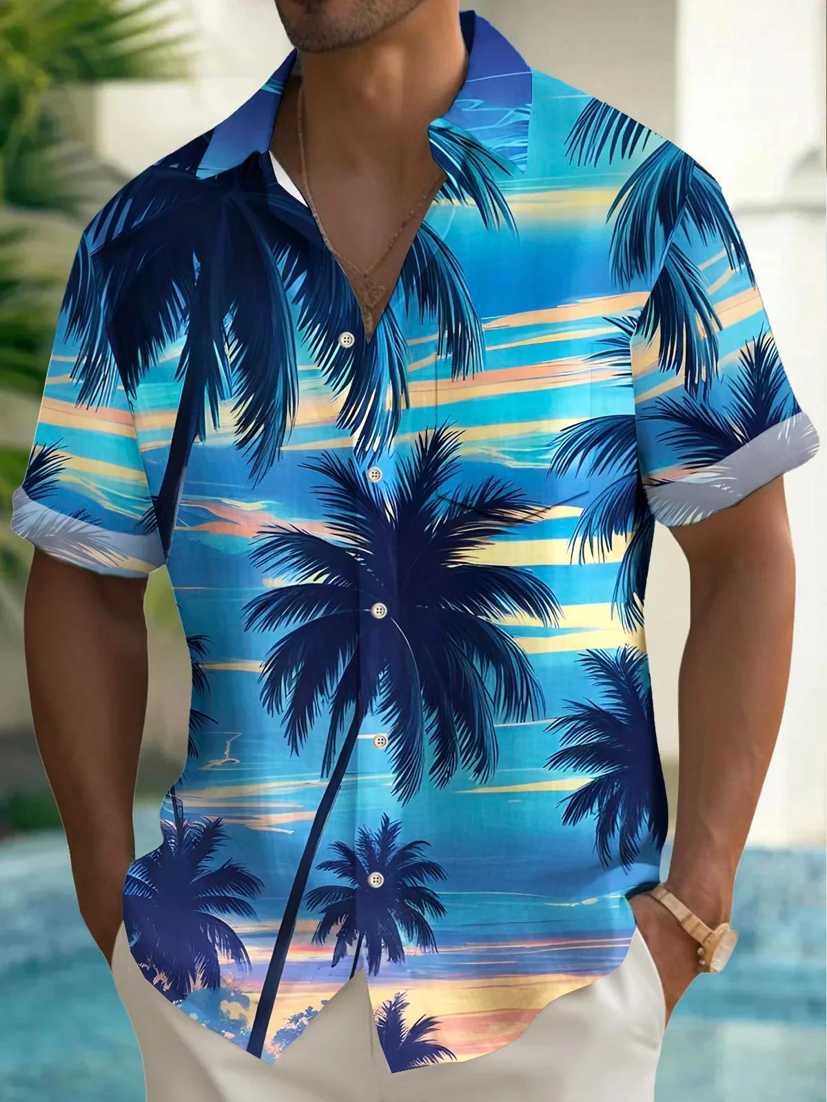 Chemise homme manches courtes hawaïenne bleu palmier imprimé bouton chemise été plage chemise Campin