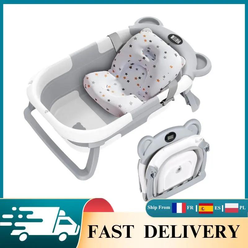 Baignoire pliable pour bébé avec thermomètre, baignoire de voyage portable avec tapis de bain doux,