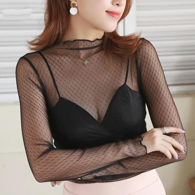Femmes Sexy maille T-Shirts transparent Perspective t-shirt crème solaire hauts à manches longues ch