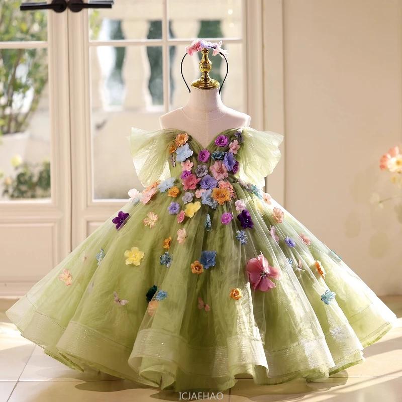 Robe de bal longue pour filles, vêtements floraux verts, robes de princesse d'anniversaire, tenue de