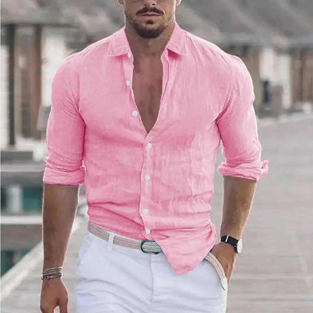 Chemise de plage en coton et lin pour hommes, décontractée, col Polo, manches longues, couleur unie,