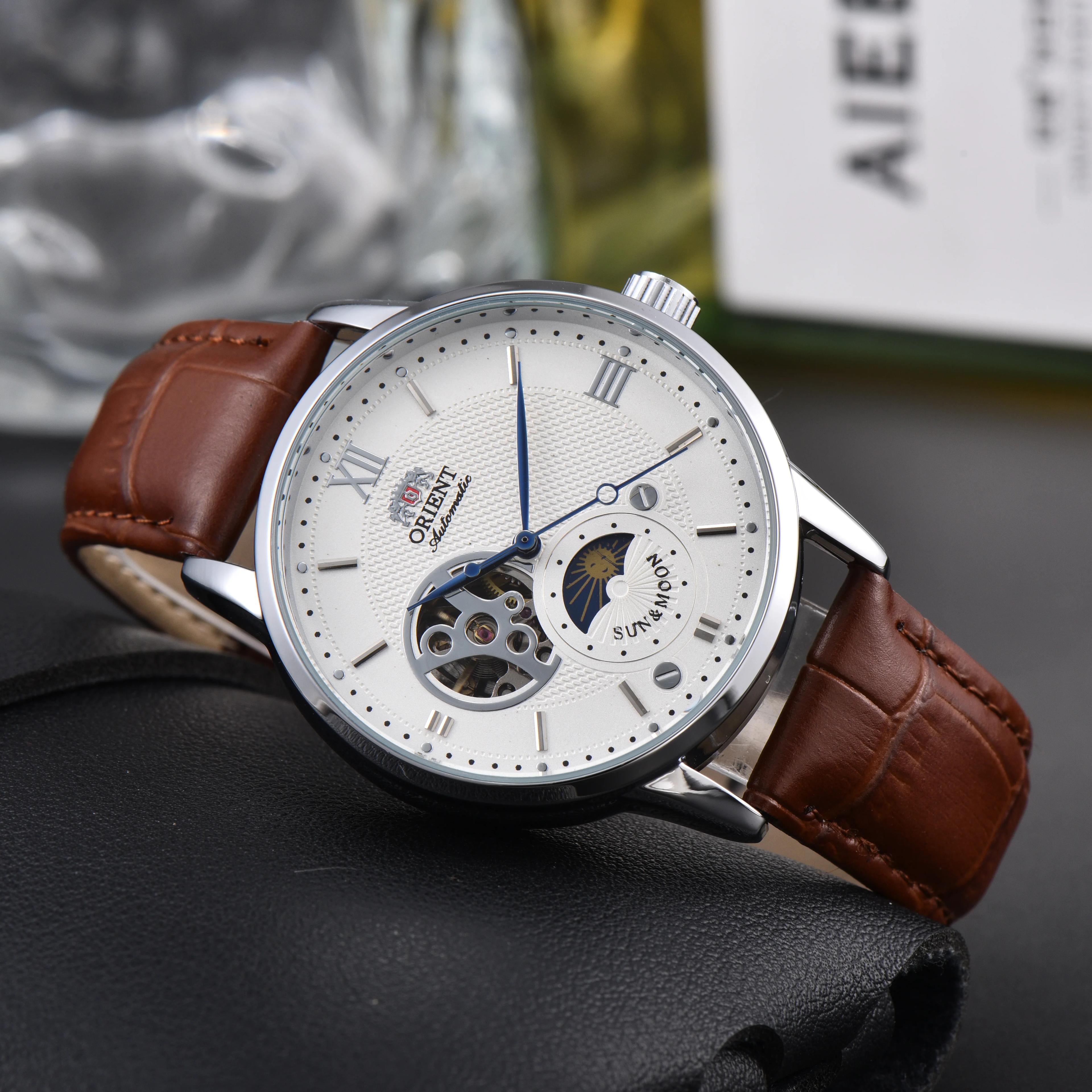 Orient Sun & Moon – montre automatique semi-squelette pour hommes, cadran blanc, bracelet en cuir no