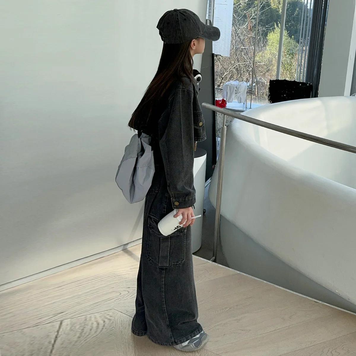 Veste courte à manches longues et jeans à jambes larges pour enfants, olympiques en denim pour fille