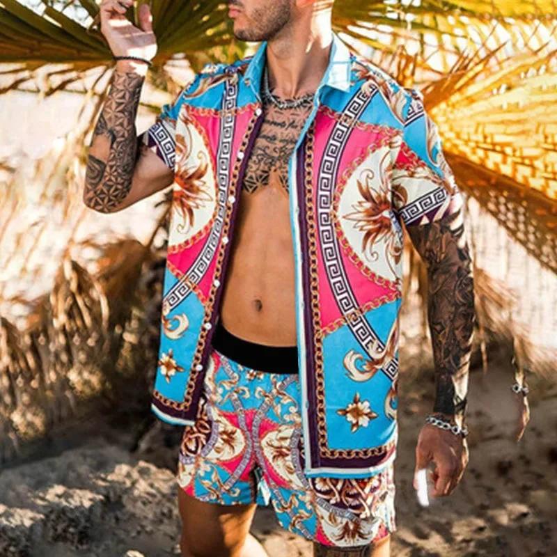 2024 été hommes de mode imprimé léopard à manches courtes chemise et shorts ensemble plage Style t-s