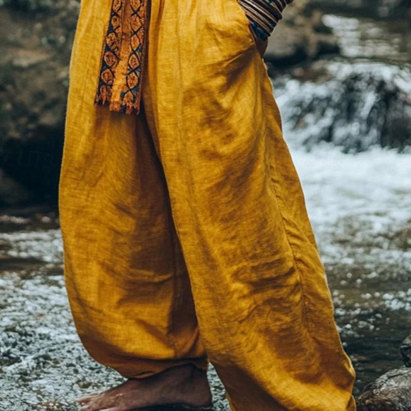 Pantalon en coton et lin pour homme, pantalon d'été, pantalon ample, poche, couleur contrastée, conf