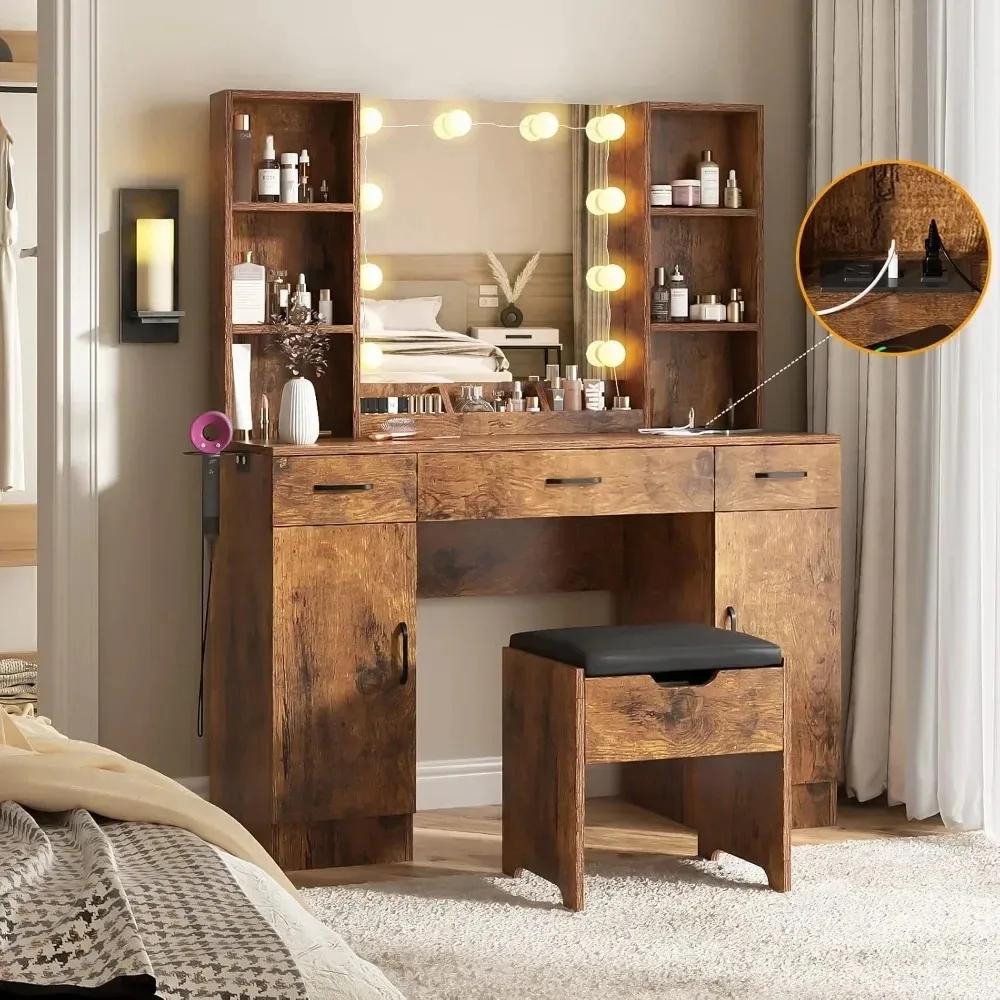 Grande table de maquillage avec miroir éclairé et multiprise – 3 modes d'éclairage réglables, beauco