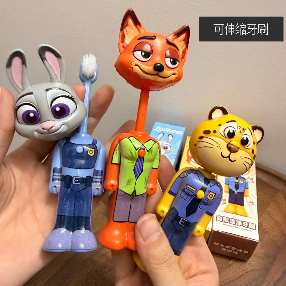 Brosse à dents extensible Disney Zootopia, figurines mignonnes Nick et Judy, brosse à dents transfor