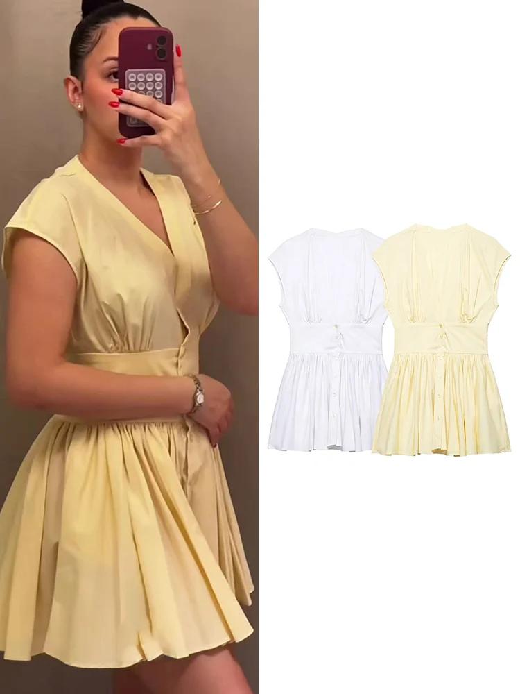 TFMLN Robe Courte Chemise Tendance pour Femme, Coupe Slim Décontractée, Manches Courtes, Col en V, B
