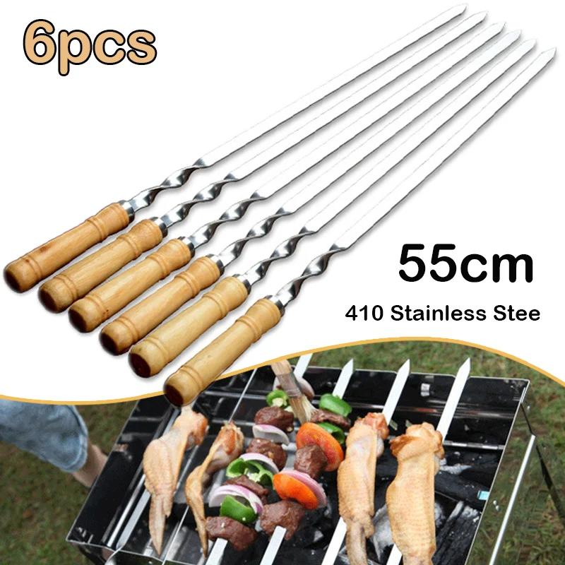 Bâton de kebab de barbecue en acier inoxydable réutilisable avec manche en bois, grands modules, out