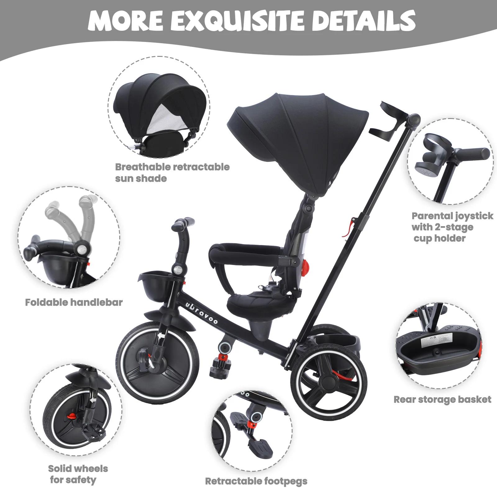 Tricycle pliable pour enfants avec poignée Parent réglable, freins de roue et capot amovible, Tricyc