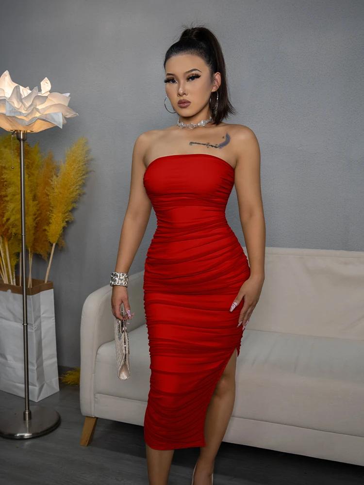 Femmes été bretelles Sexy fente Bobycon robe taille haute hors de l'épaule robes froncées