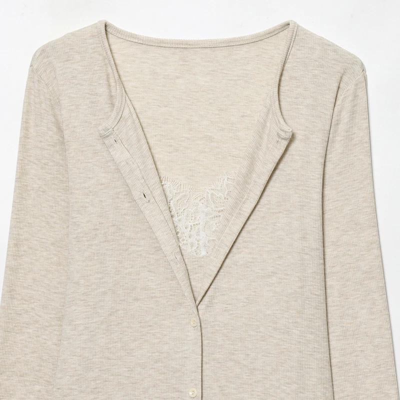 HXAO court tricot Cardigan pour femmes automne printemps Chic dentelle à manches longues tricots gri