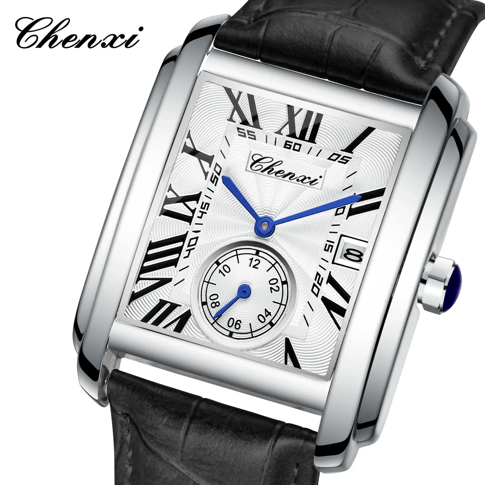 Chenxi-Montre de dehors Rectangulaire en Cuir group pour Homme, Horloge Élégante à Quartz, Étanche, 