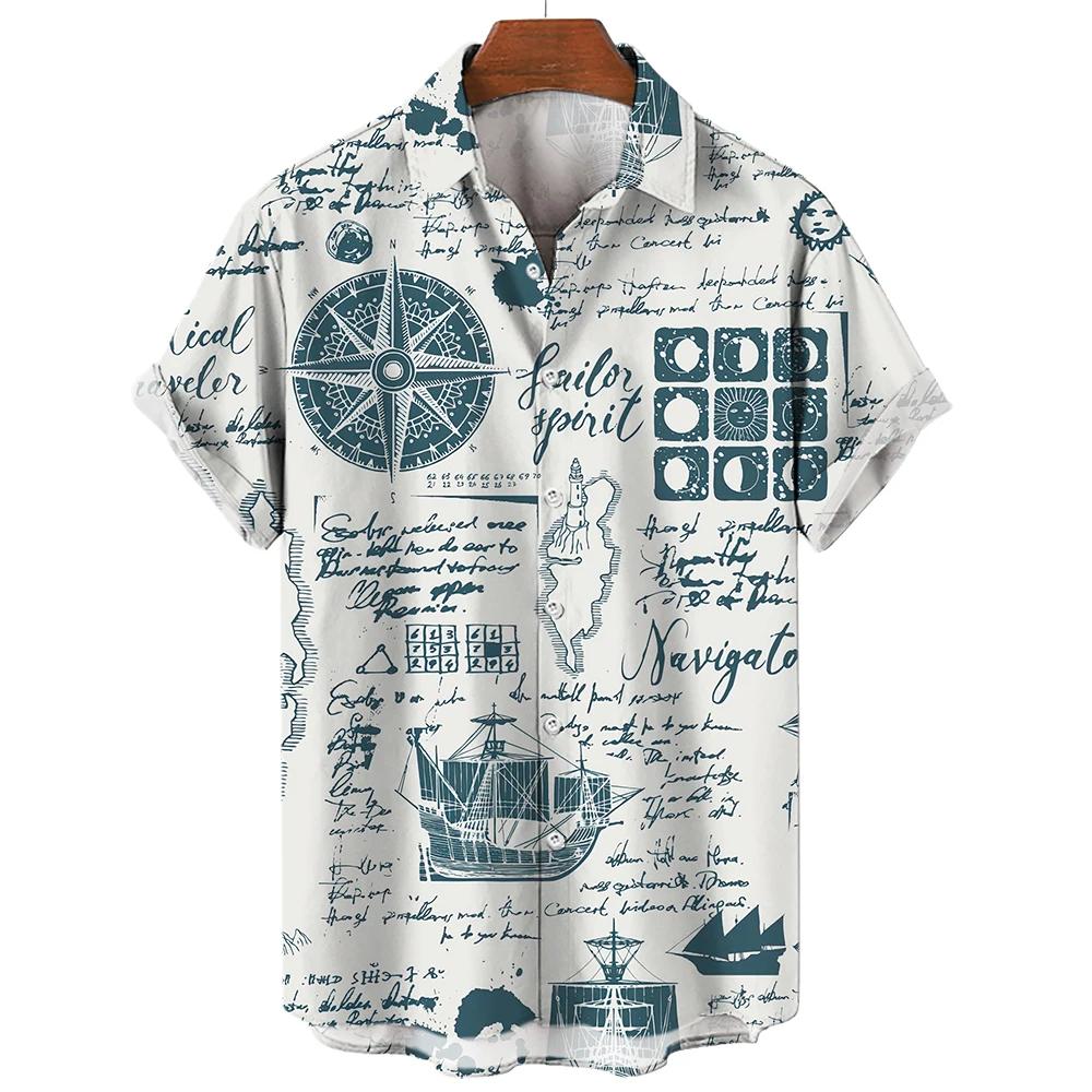 Sailing World Graphic 3D Print for Men, Vintage Shirt, Fashion, Casual Hawaiian Beach Style, Summer 