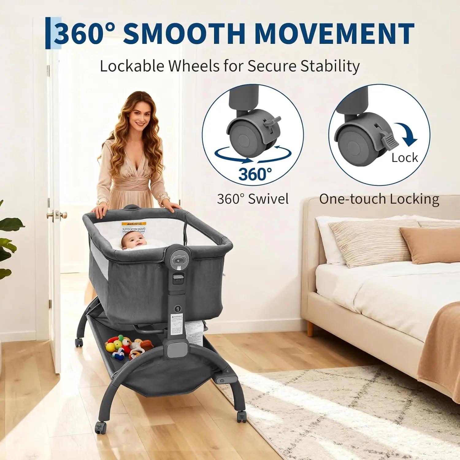 Berceau de chevet 3-en-1 avec lit cododo et lit de voyage avec moustiquaire amovible pour nouveau-né