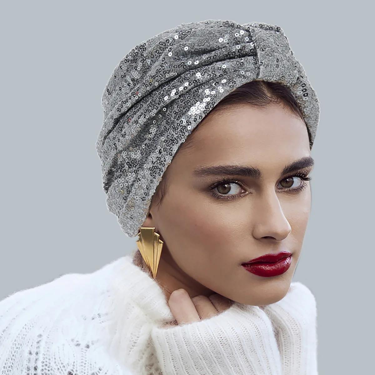 Chapeau turban noué à paillettes pour femmes, bonnet musulman brillant, vêtements de sauna, bonnet f