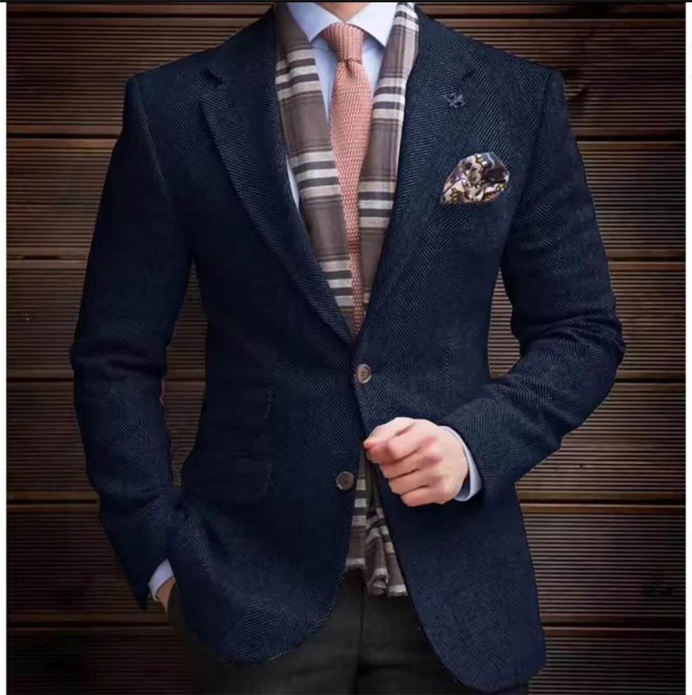 Blazer vintage sur mesure pour homme, veste en tweed à chevrons, mélange de laine, simple boutonnage