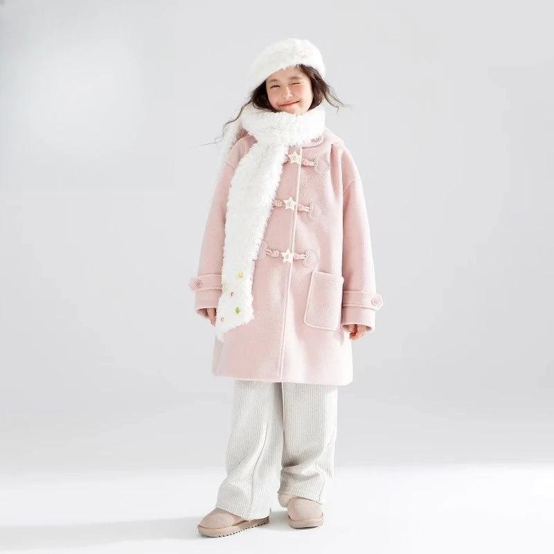 2025 nouveau manteau d'hiver manteau à capuche en laine rose pêche avec boutons en corne de chèvre é