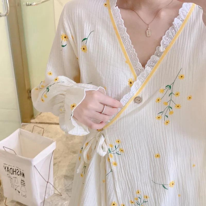 Robe de maternité en gaze de coton, kimono fin, pyjama d'allaitement pour la grossesse, post-partum,