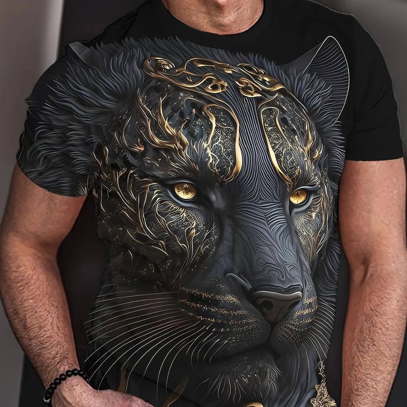 T-shirt d'été à motif lion et tigre 3D pour hommes, T-shirt respirant micro élastique décontracté, a