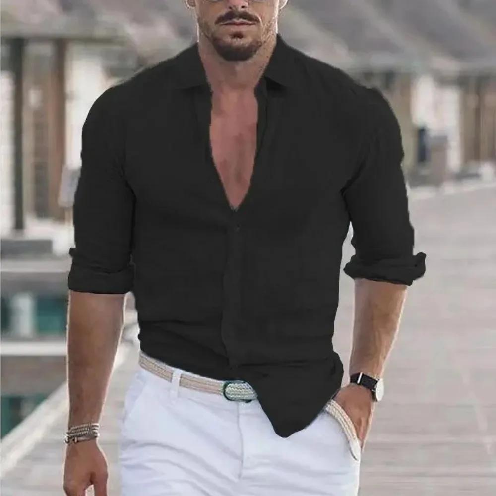 Chemise de plage en coton et lin pour hommes, décontractée, col Polo, manches longues, couleur unie,