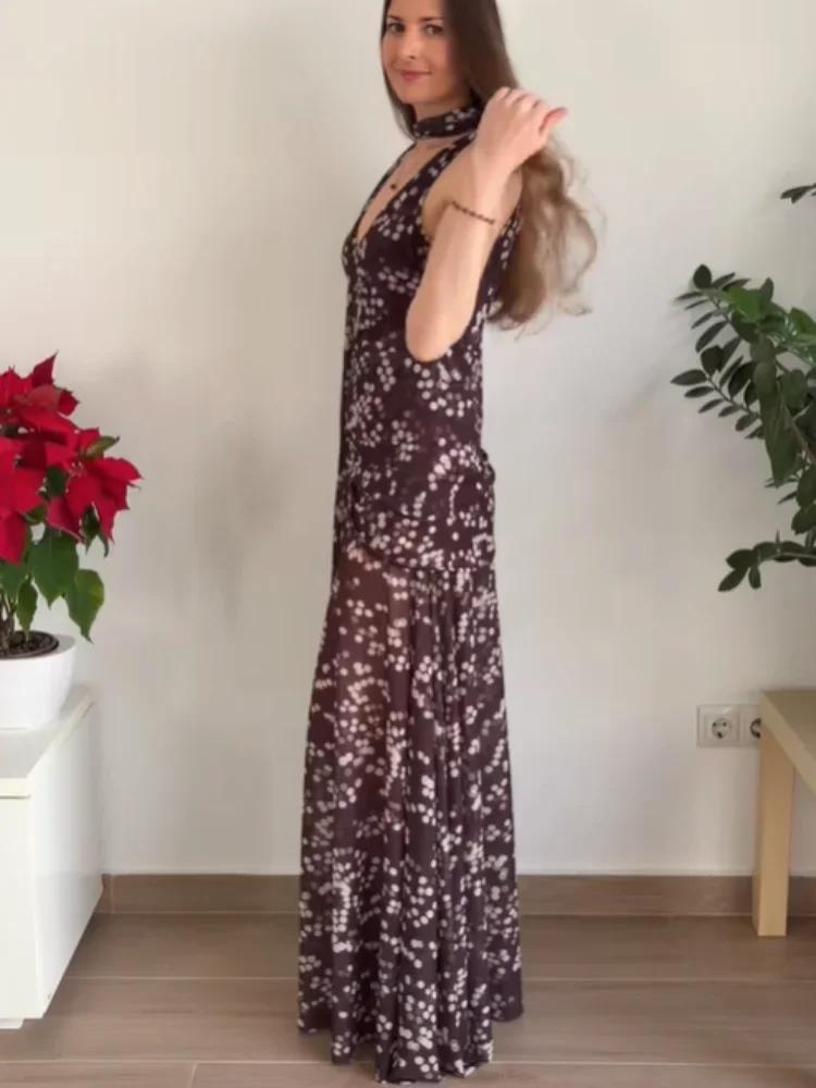 Robe longue maxi tendance pour femme à pois en maille, col en V profond chic, sans manches, transpar