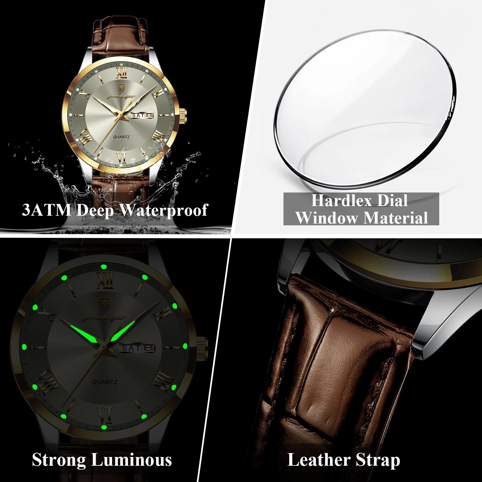POEDAGAR Original montre de mode pour homme en cuir Date semaine Quartz hommes montre étanche lumine
