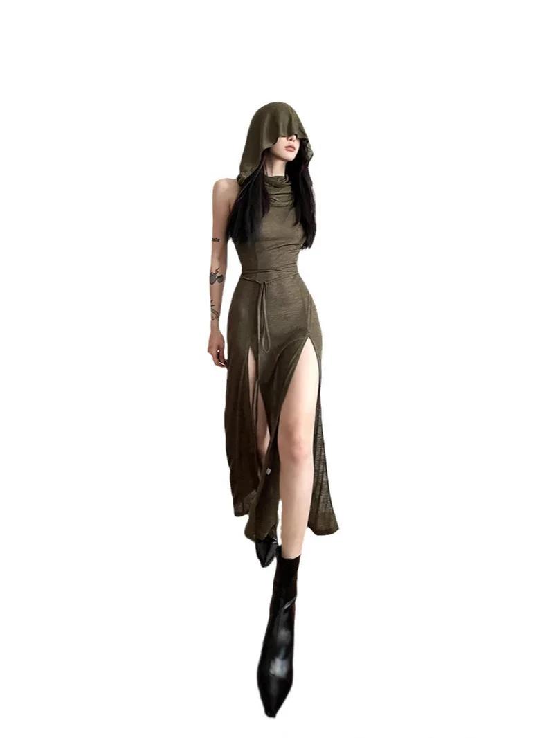 Robe y2k pour femmes, vêtements de couleur unie, sans manches, ajourée dans le dos, fente à capuche,