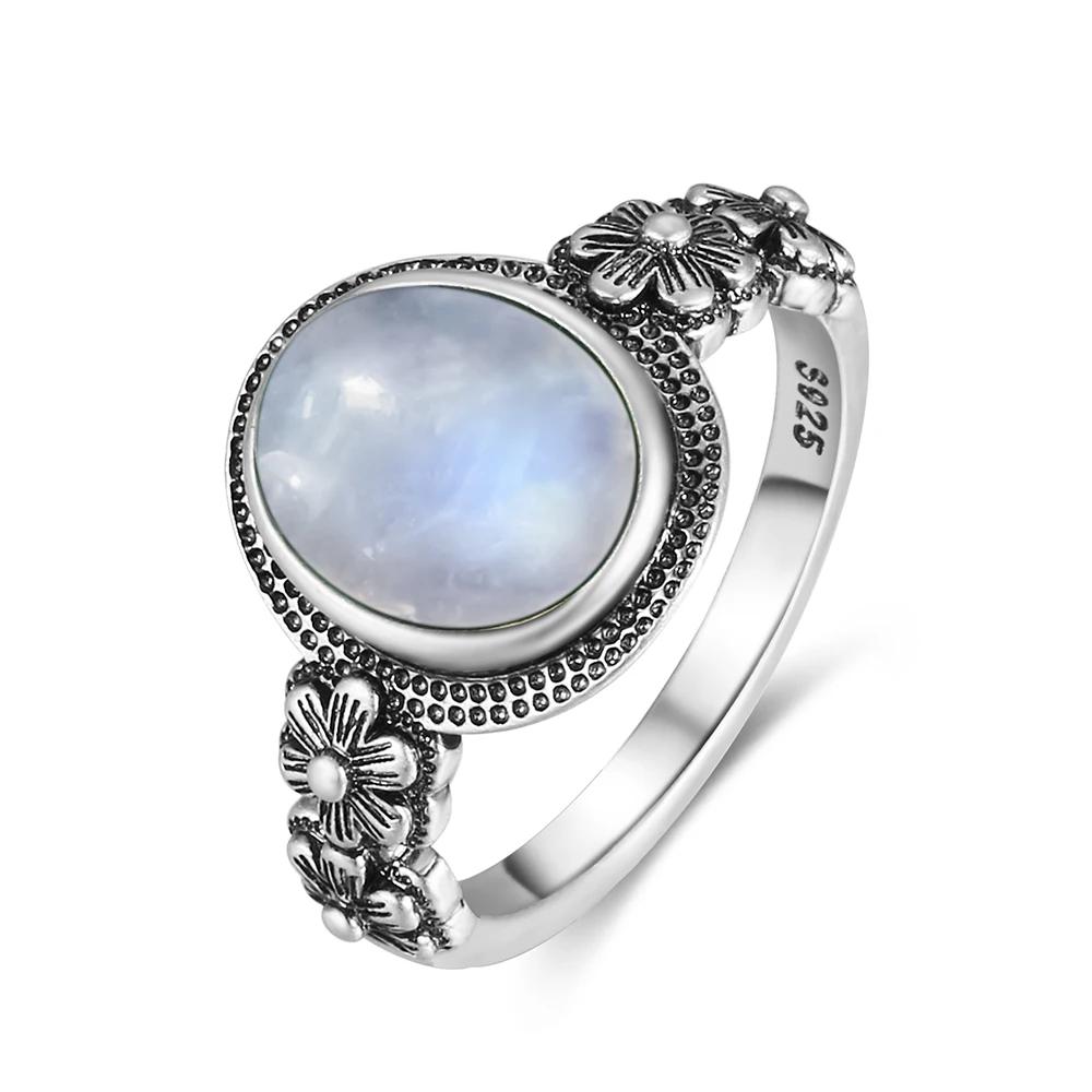 Bague Vintage en argent 925, pierre de lune naturelle, fleur, forme d'oeil creux, ronde, soleil et l