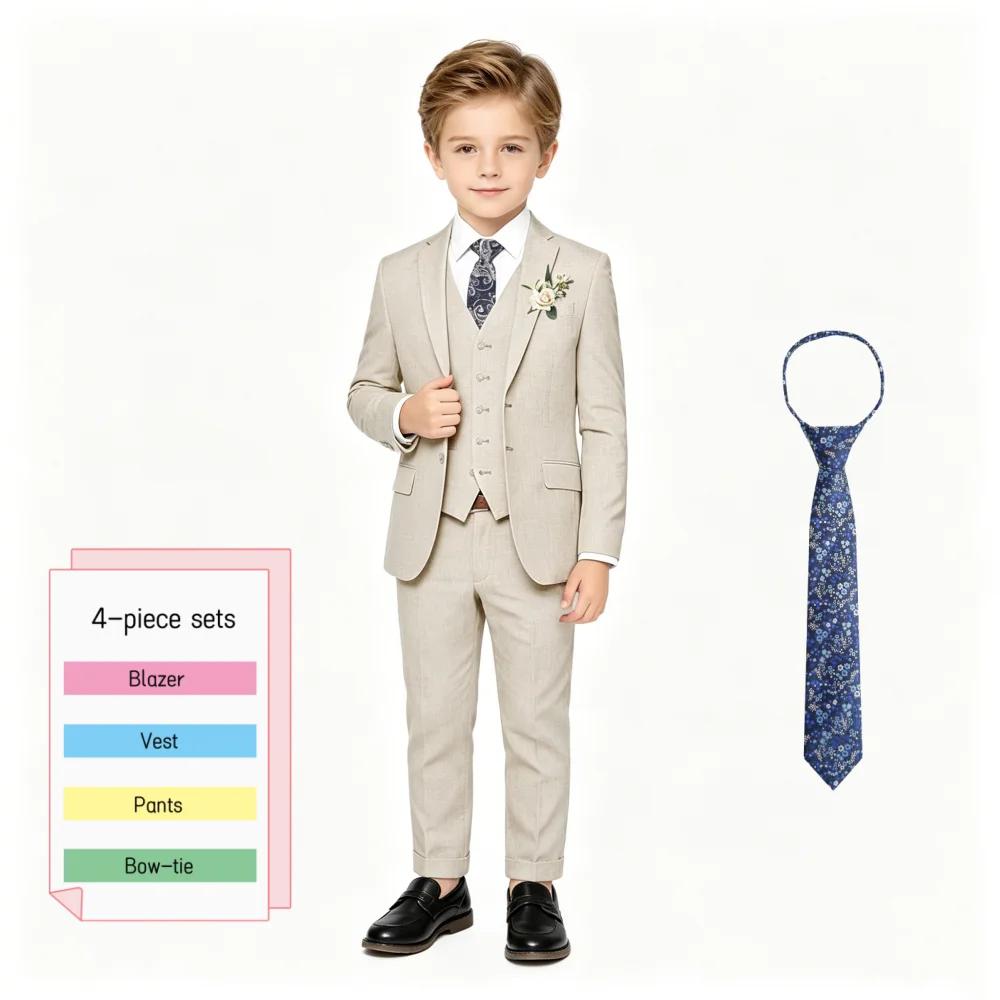 Costume en lin beige pour garçons, 4 pièces, avec cravate florale, ensemble formel pour enfants, mar