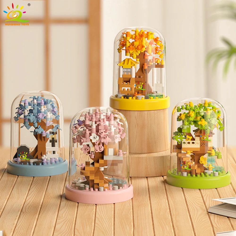HUIQIBAO MOC Mini maison dans les arbres quatre saisons avec boîte d'affichage modèle Micro bloc de 