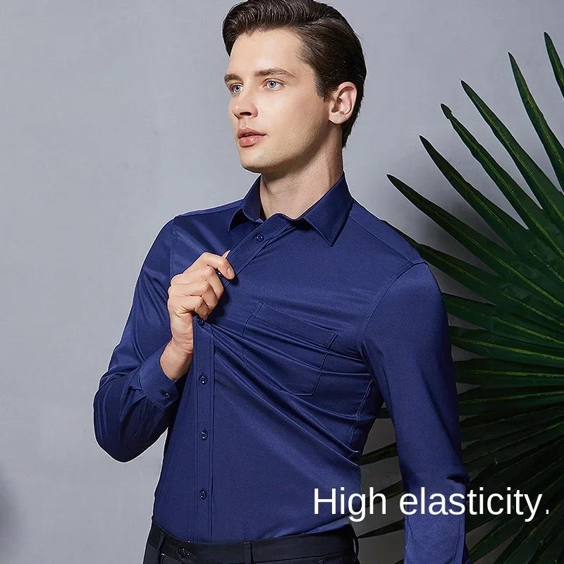Chemise élastique à manches longues pour hommes, robe d'affaires sans repassage, tenue de travail pr