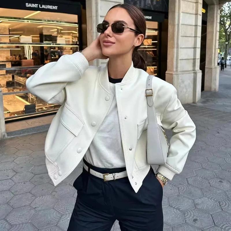 HXAO femme Bomber veste manteau blanc automne hiver bouton Baseball aviateur recadrée vestes pour fe
