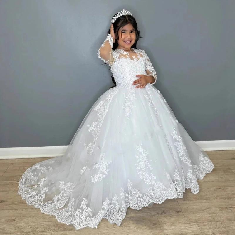 Robe de soirée blanche pour enfants 2026, style tutu à traîne, manches longues, pour spectacle, anni